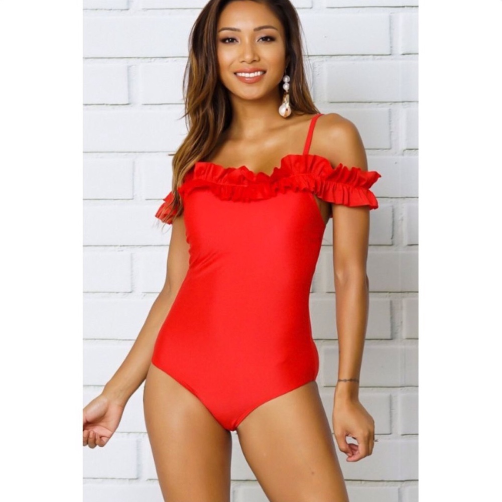 Red Ruffle Off-Shoulder One-Piece Swimsuit
